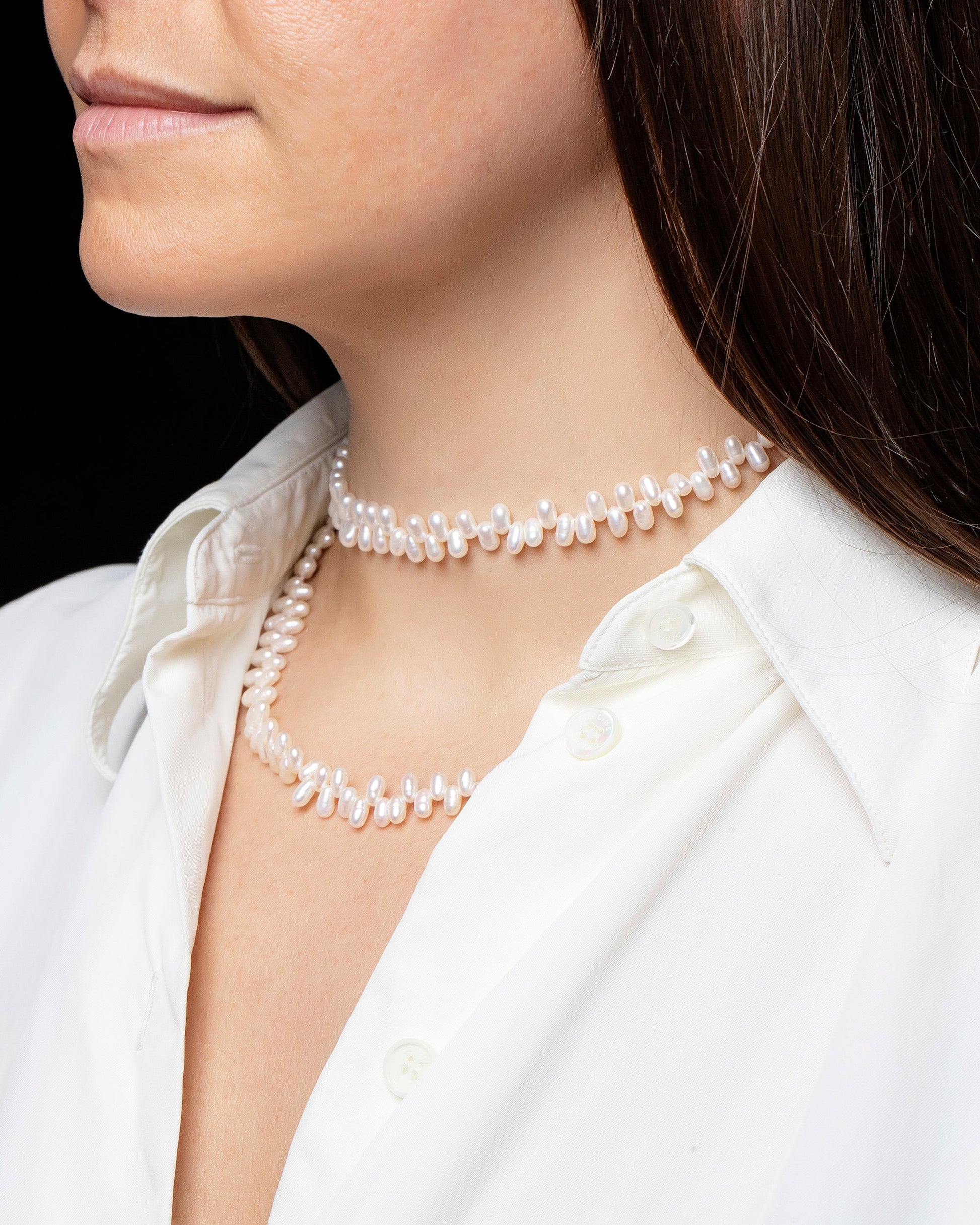 Zipper Pearl Necklace on model.
