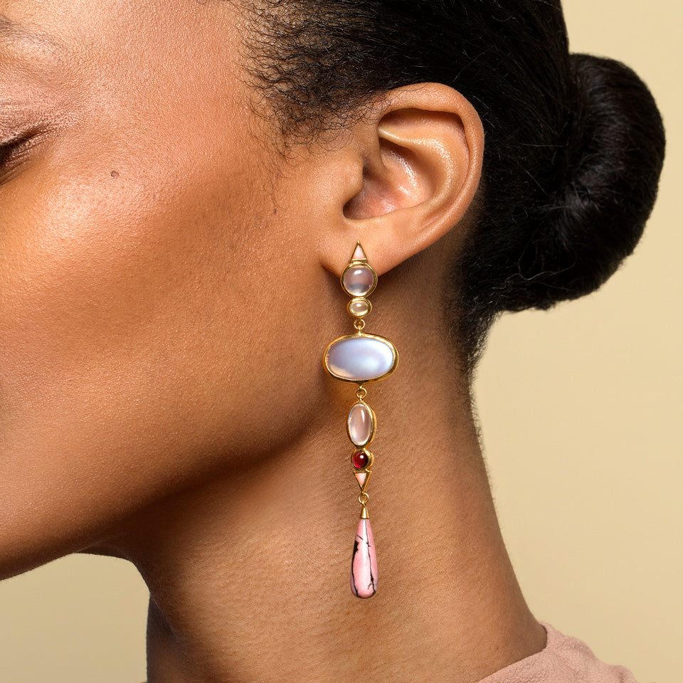 product_details::Moonstone & Alaskan Rhodolite Earrings on model.
