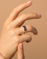 Geometric Sapphire Line Cluster Ring on model.