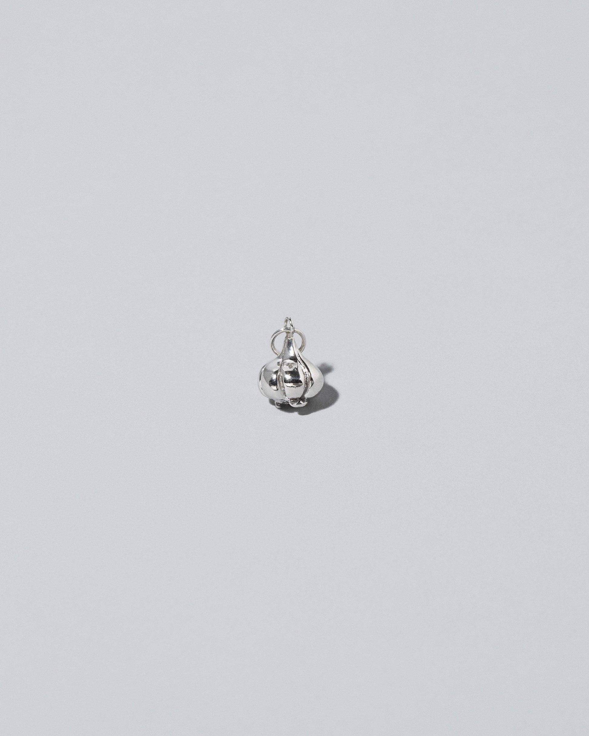 Silver garlic charm on light colored background