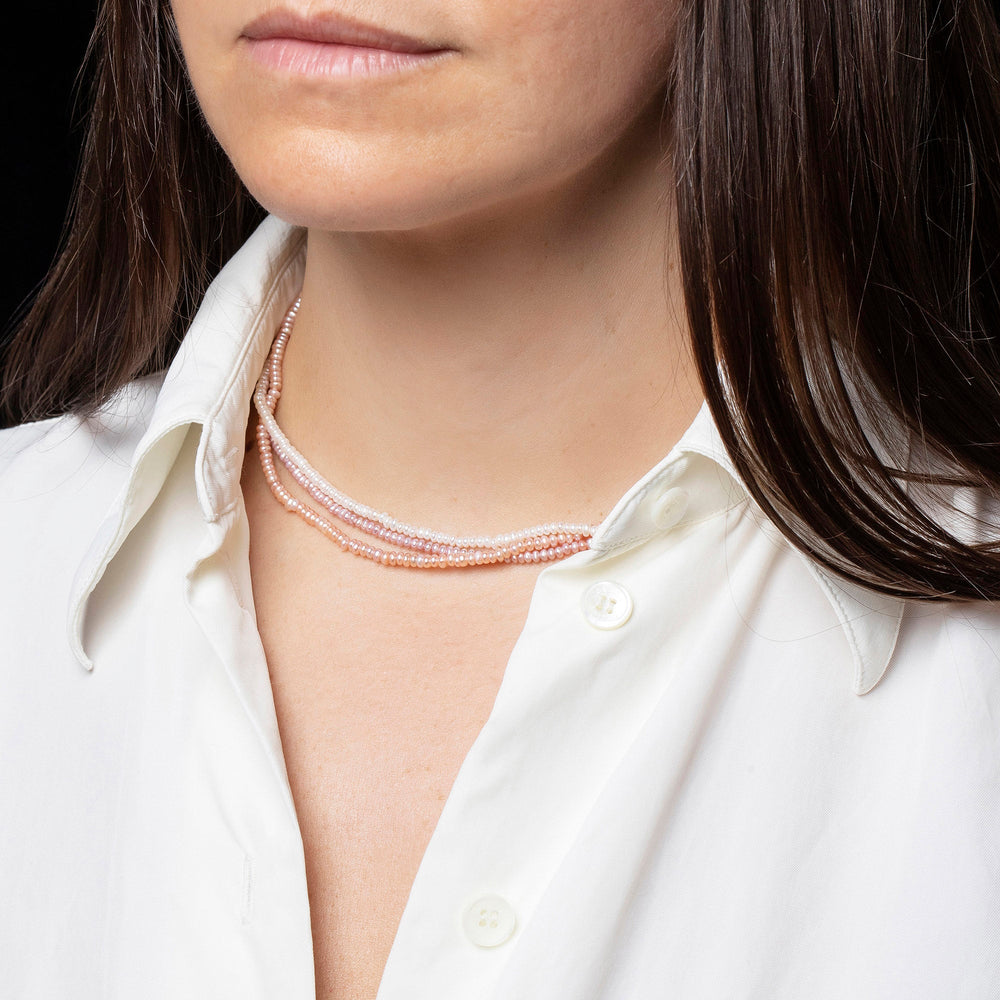 product_details::Multi Strand Seed Pearl Choker on model.