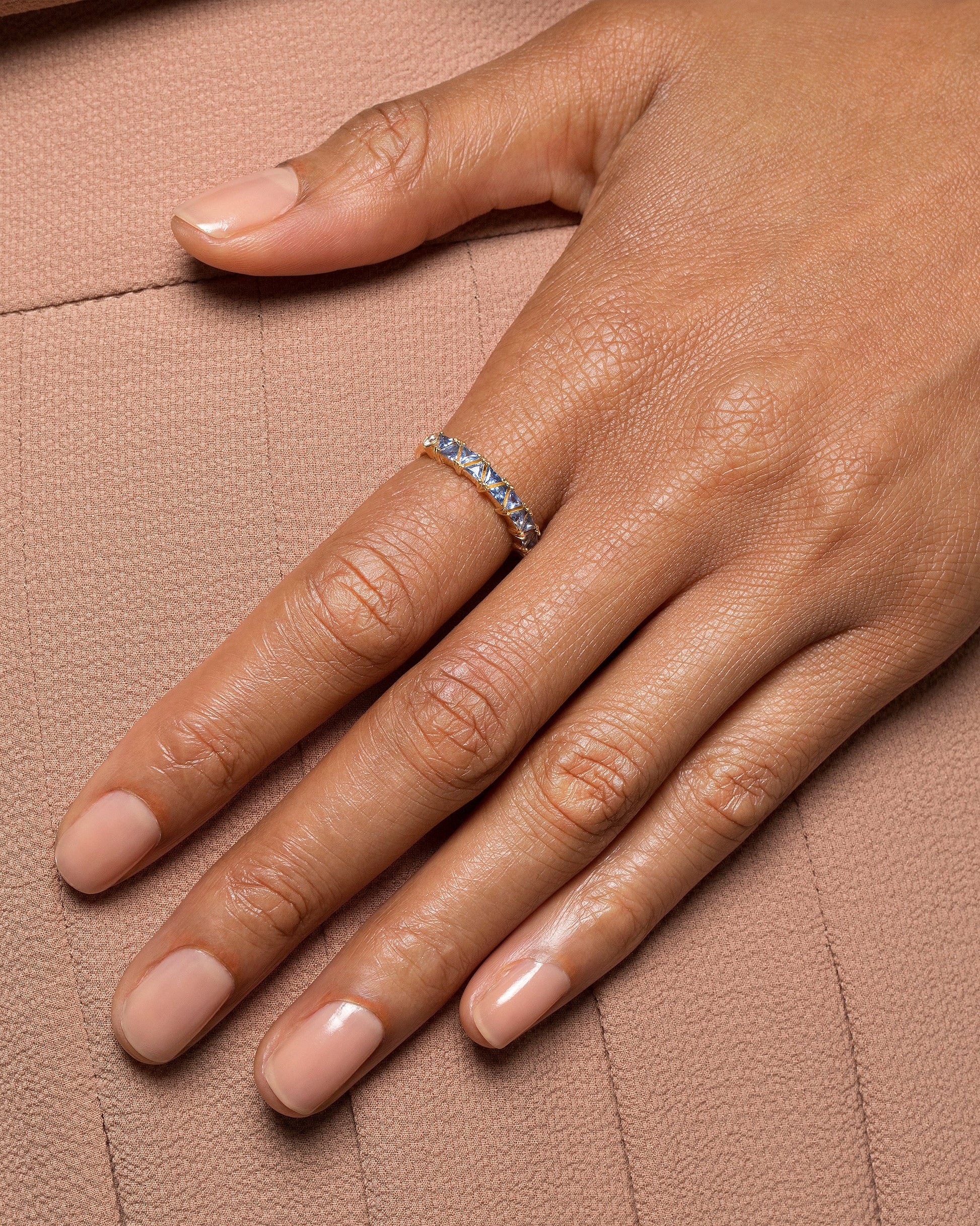 Blue Sapphire Eleven Trillion Ring on model.