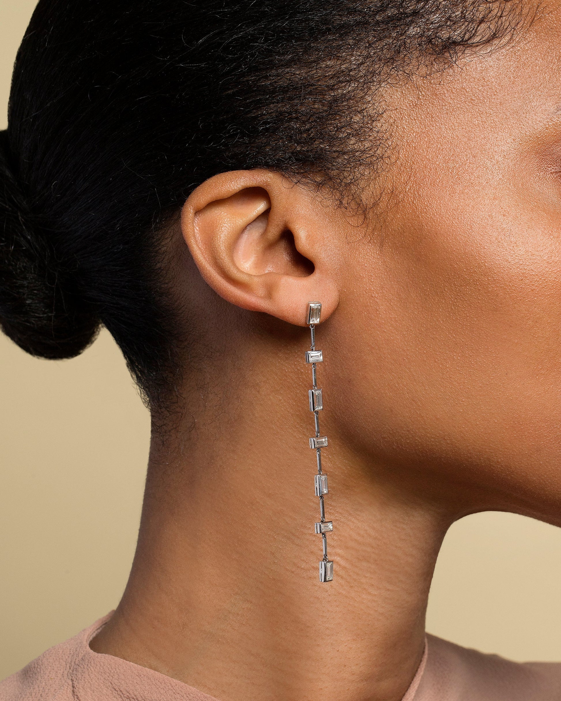 Diamond Baguette Drop Earrings on model.