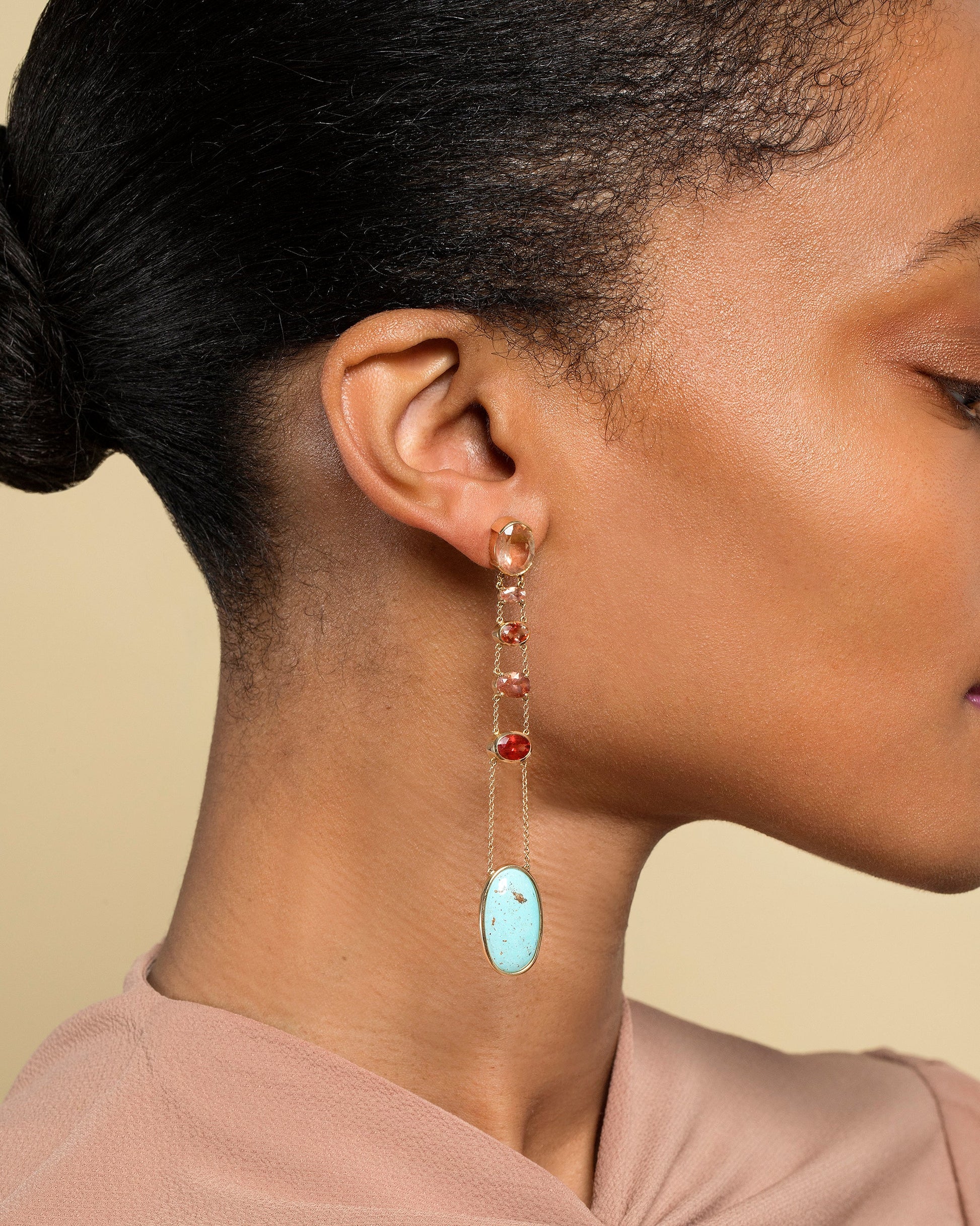 Oregon Sunstone & Persian Turquoise Earrings on model.