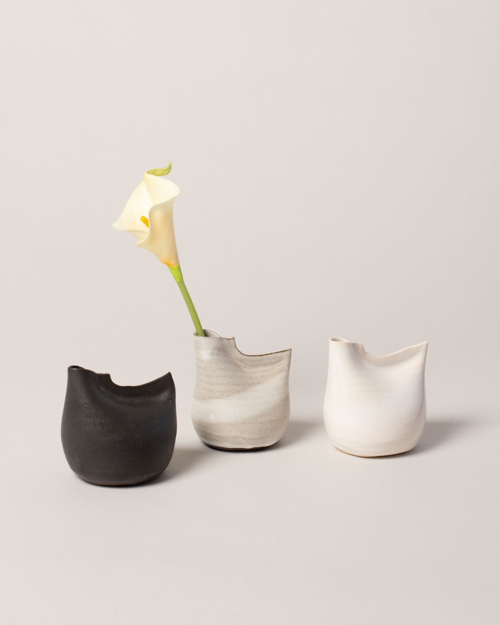 Group of Eric Bonnin Oatmeal, Off-White and Gunmetal Small Bird Vases on light color background.