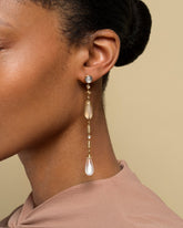 The Future Moonstone Drop Earrings on model.