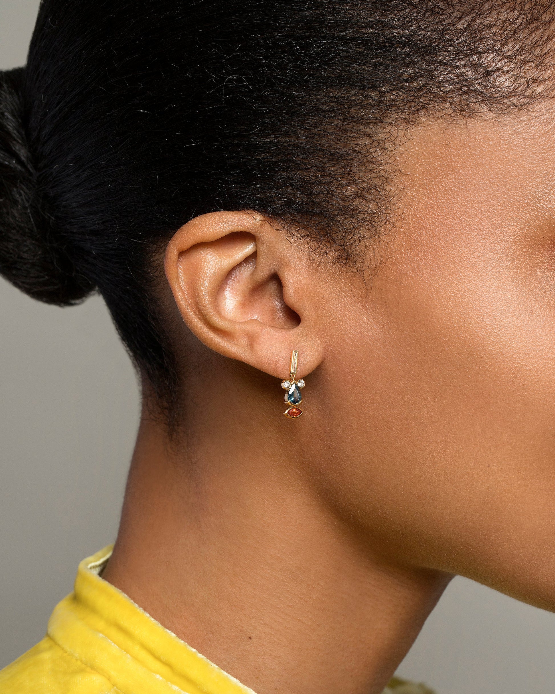 Sapphire & Diamond Creature Earrings on model.