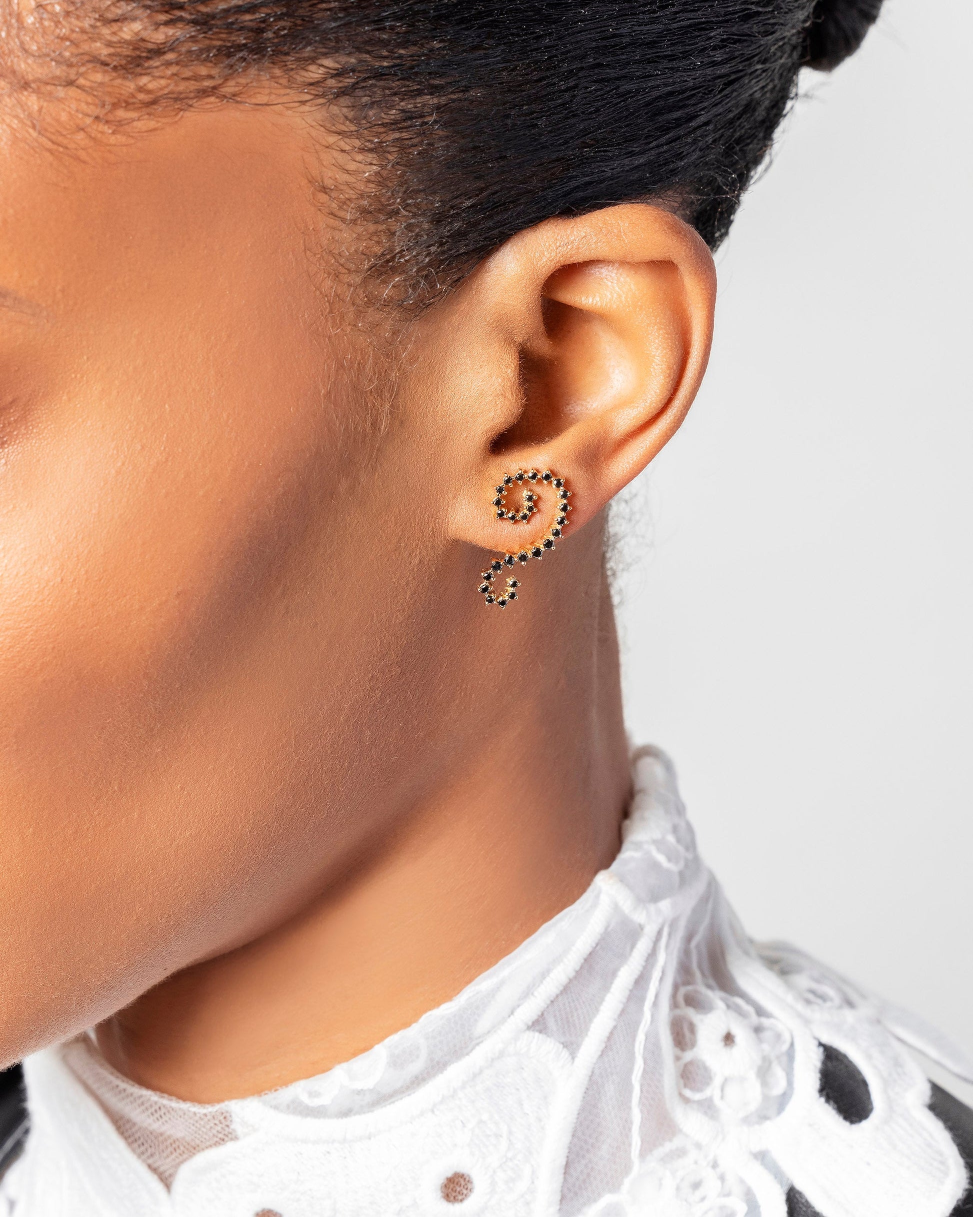 Right Black Diamond Symbol of Change Earring Single on model.