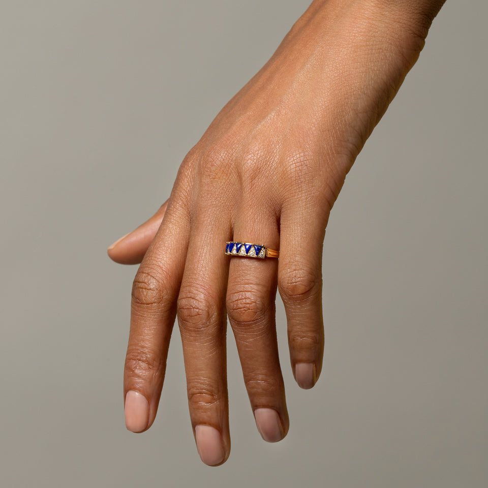 product_details::Five Triangle Ring - Lapis on model.