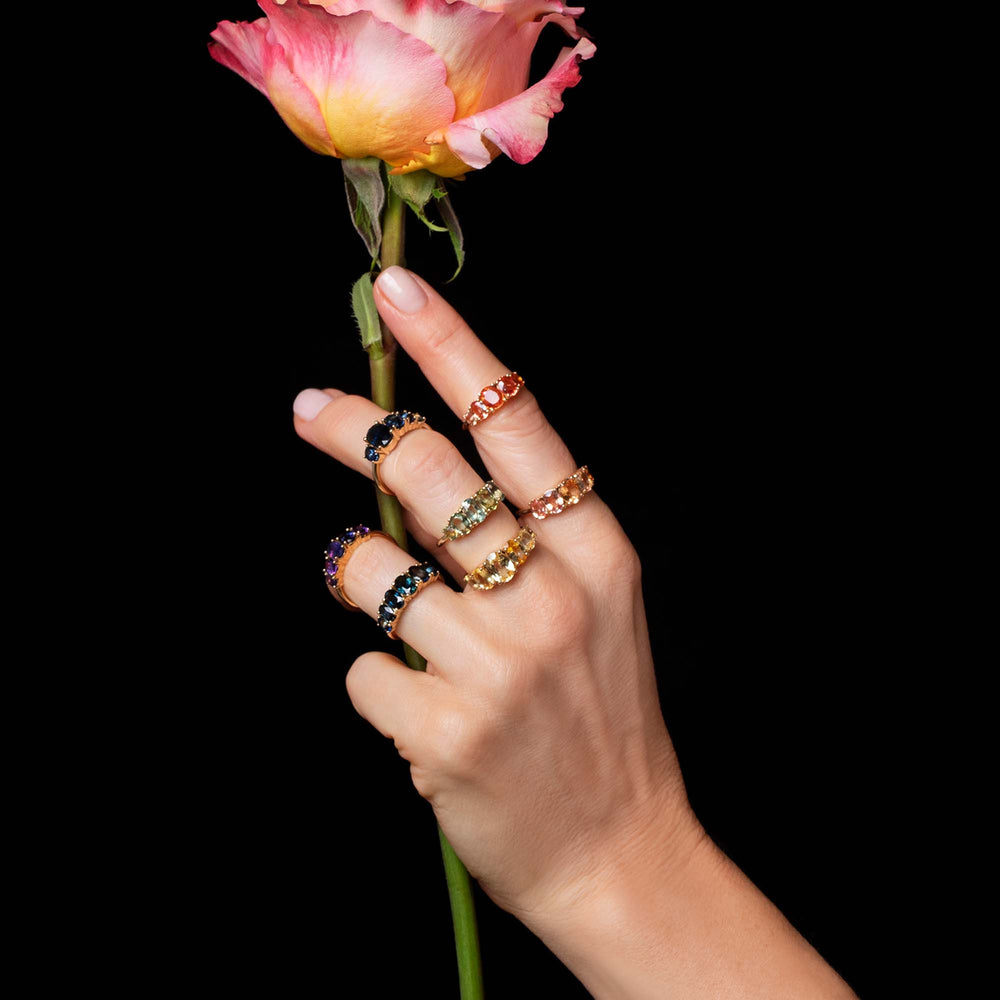 product_details::Editorial photo of Rainbow Rings on worn on a hand holding a flower.