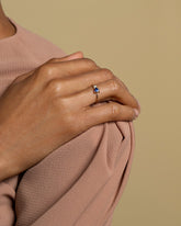 Blue Sapphire Teardrop Ring on model.